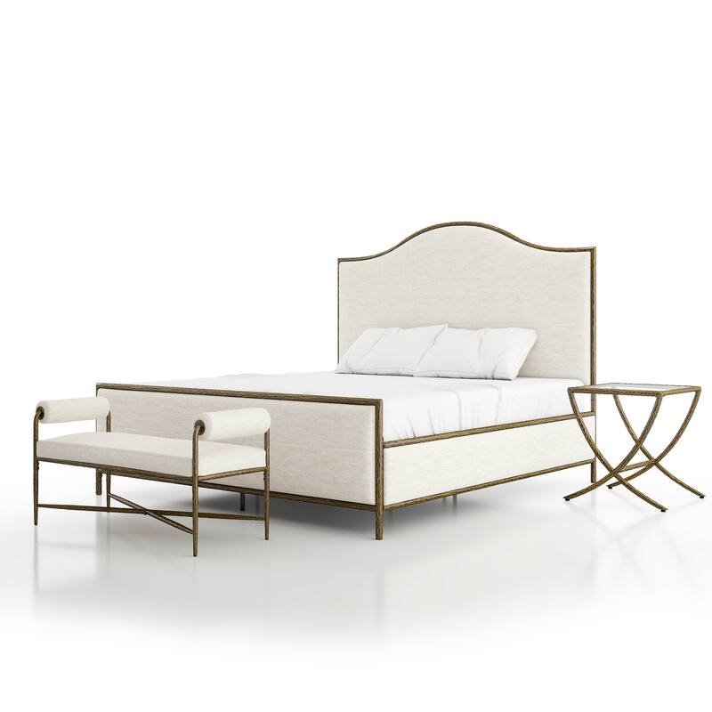 247 Shop At Home Lalia Modern 3-Piece Upholstered Hammered Metal Camelback Bedroom Set with Nightstand and Bench - Matte Gold - King