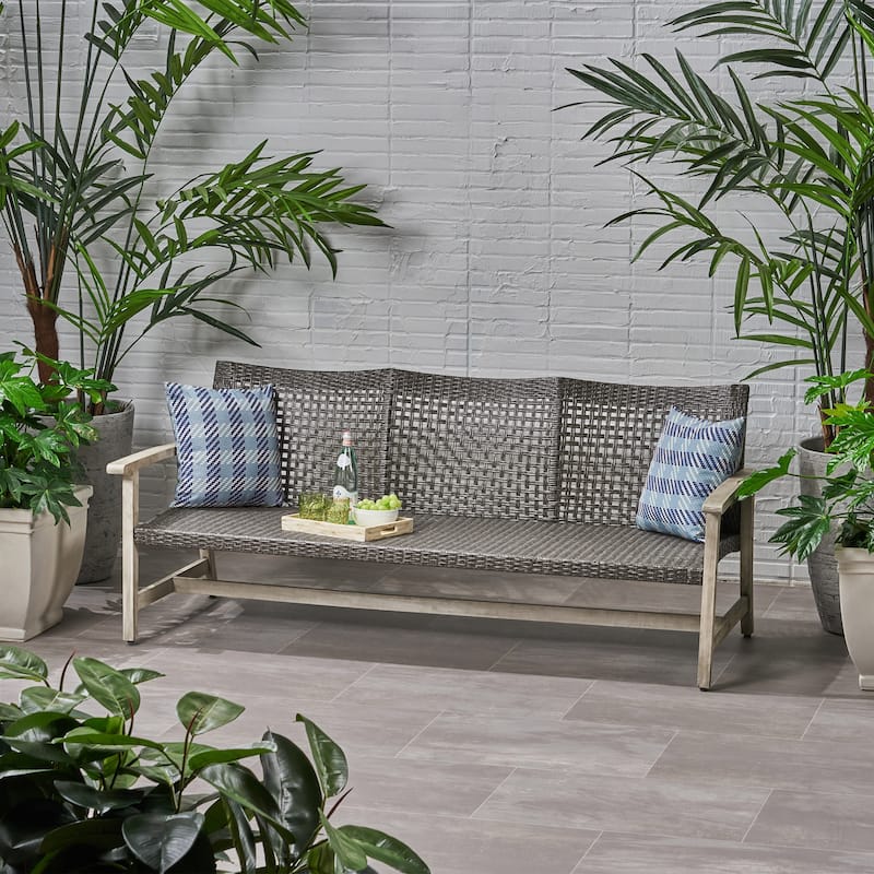 Outdoor Rattan Loveseat Sofa Acacia Wood 3 Seater Couch