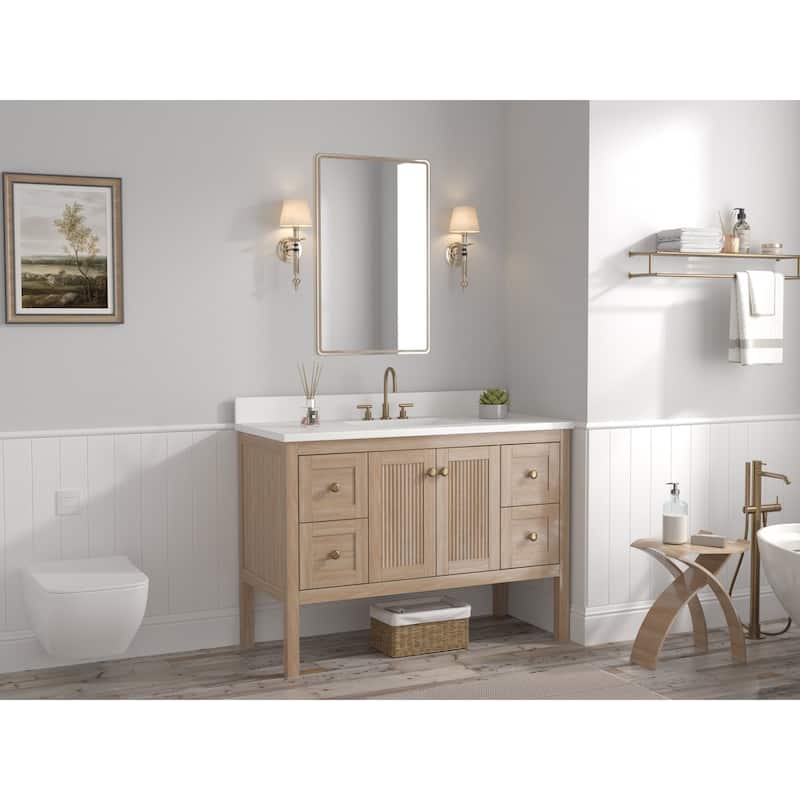 48 Inch Modern Light Oak Single Sink Bathroom Vanity With White Quartz Top