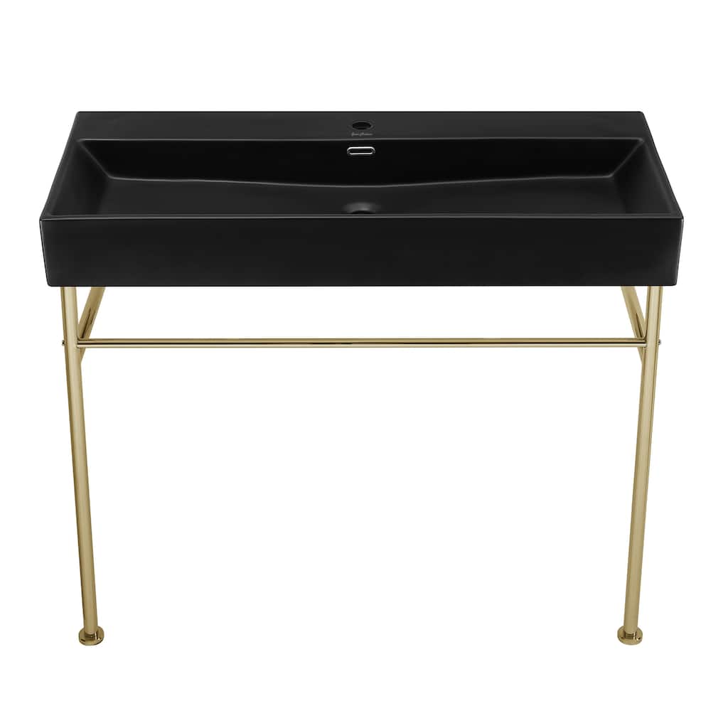 Reims 40 Ceramic Console Sink Matte Black Basin Gold Legs - 16.55" x 39.35" 35.45"