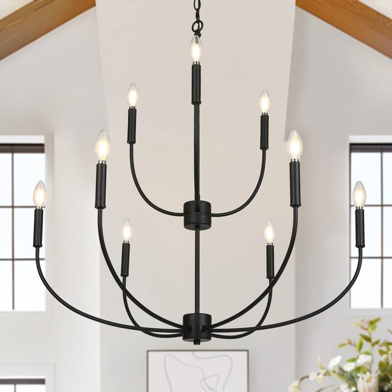 Oriea Modern Farmhouse 9-Light Black Chandelier Classic Candle Lights for Living Dining Room - D 32.3" x H 34"