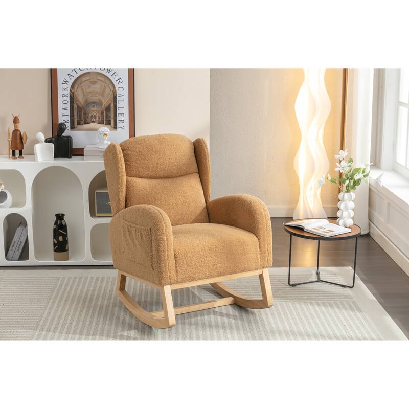 Rocking Chair Nursery, Modern Upholstered Glider Rocker with Side Pocket, High Backrest Accent Armchair for Living Room