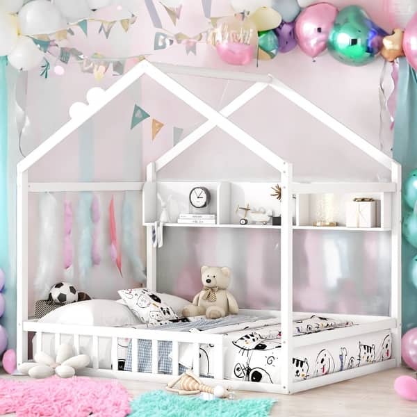 slide 2 of 11, Wooden Full Size House Bed with Roof and Storage Shelf, Kids Bed with Fence, White