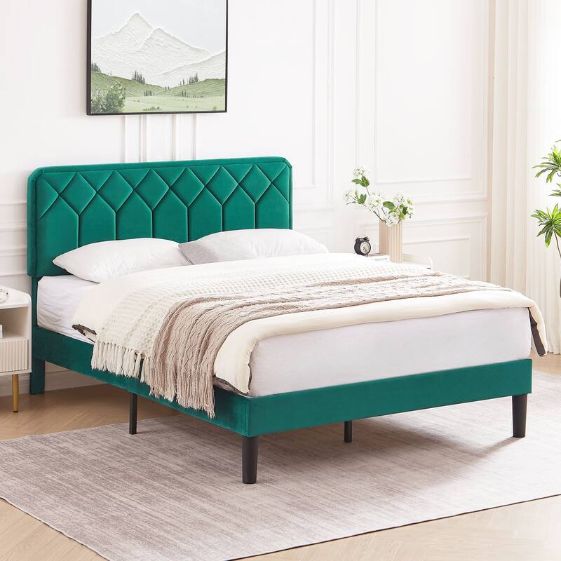 VECELO Upholstered Bed Frame with Adjustable Height Headboard, Twin/Full/Queen Size Beds, Dark Green