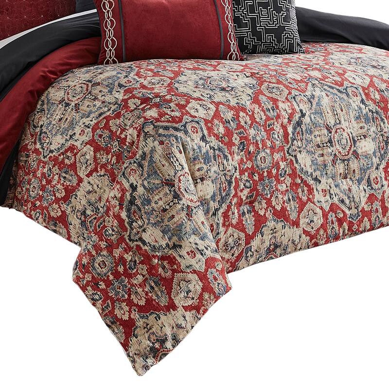 10 Piece King Size Comforter Set with Medallion Print, Red and Blue