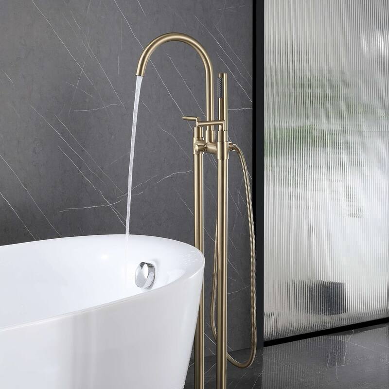 2-Handle 2-Hole Freestanding Tub Faucet with Hand Shower in Black/Gold - Brushed Gold