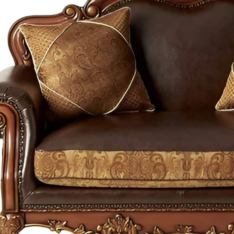 HomeRoots 67" Brown And Redwood Faux Leather Loveseat and Toss Pillows - 67.00 in. x 44.00 in. x 40.00 in.