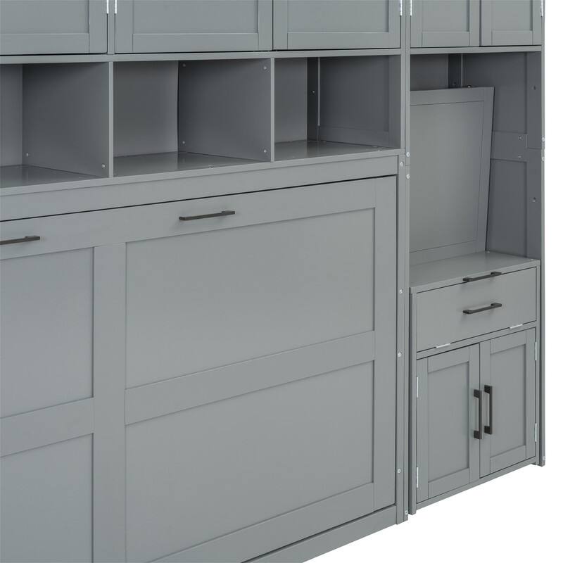 Twin Size Murphy Bed with Closet, Desk and Storage Shelves, Space Saving Design Murphy Bed Cabinet with Open Storage
