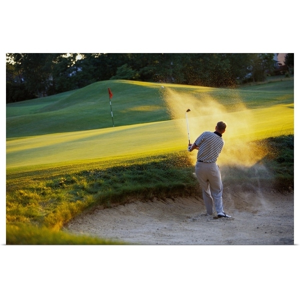 "Man hitting golf ball out of sand trap" Poster Print