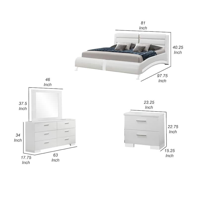 Zor 4pc King Bedroom Set, Bed, White Faux Leather and Chrome Accents