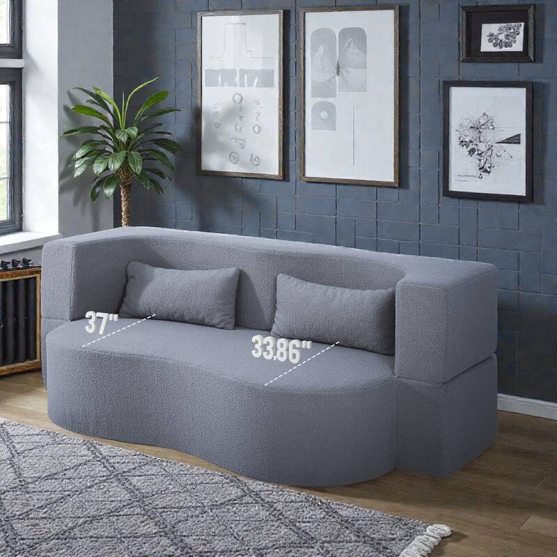 2-in-1 Convertible Full Size Sofa Bed, Teddy Loveseat with 2 Pillows, No-Assembly Floor Futon