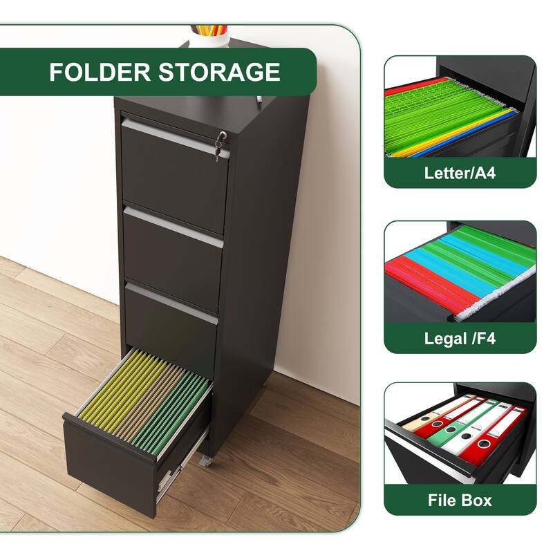 Modern Vertical File Cabinet, Heavy-Duty Lockable Filing Cabinet with 4 Drawer Locks and 4 Wheels, for Home Office, Black