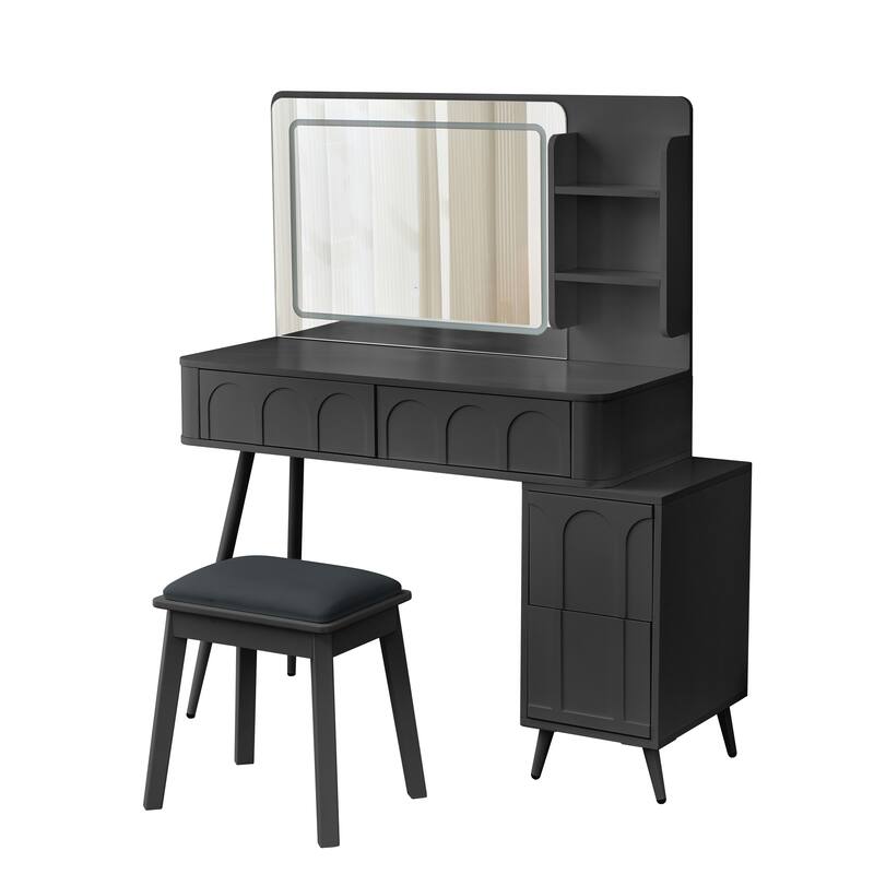 Modern Makeup Vanity Desk with LED Lights & Mirror, Extendable Dressing Table Set with Stool, 4 Drawer & Side Cabinet