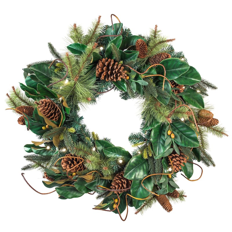 30 in. Holiday Wreath with Lights - Magnolia Leaf - Green