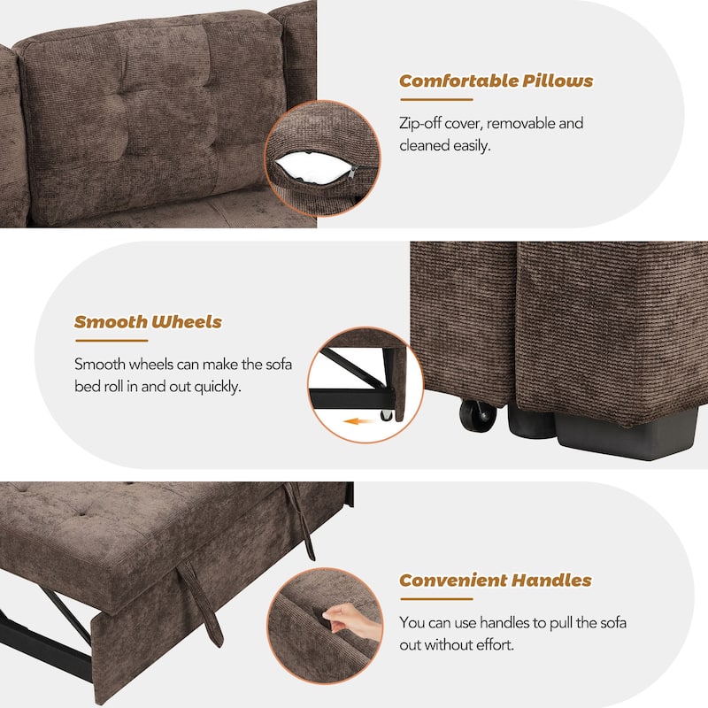 82.6" L-shape Pull-out Sofa Bed with Wheels, USB, Power, Brown Corded Velveteen
