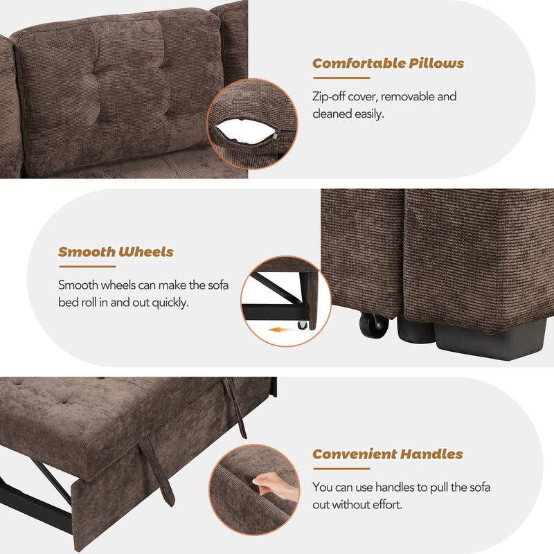 Roomfitters Pull-Out L-Shape Sofa Bed with Wheels, USB Ports, and Power Sockets, Functional Sleeper Sofa for Living Room Comfort
