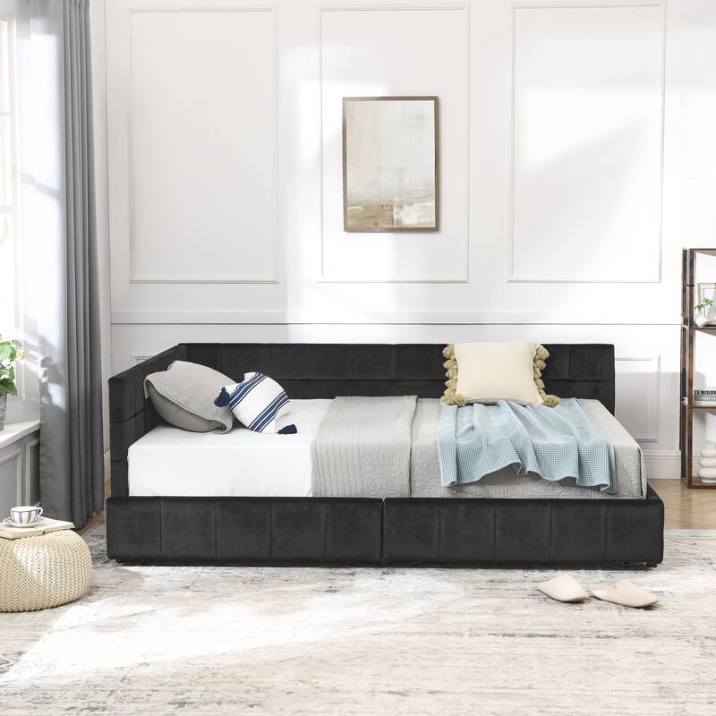 Full Size Upholstered Tufted Bed Frame with Backrest, Armrests, and Storage Drawers, Velvet Black