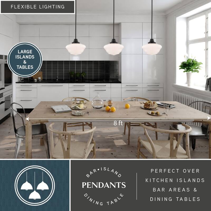 VAXCEL Eastgate 1-Light 12 in. Wide Schoolhouse Mini Pendant, White Frosted Opal Glass Shade, Hanging Ceiling Fixture