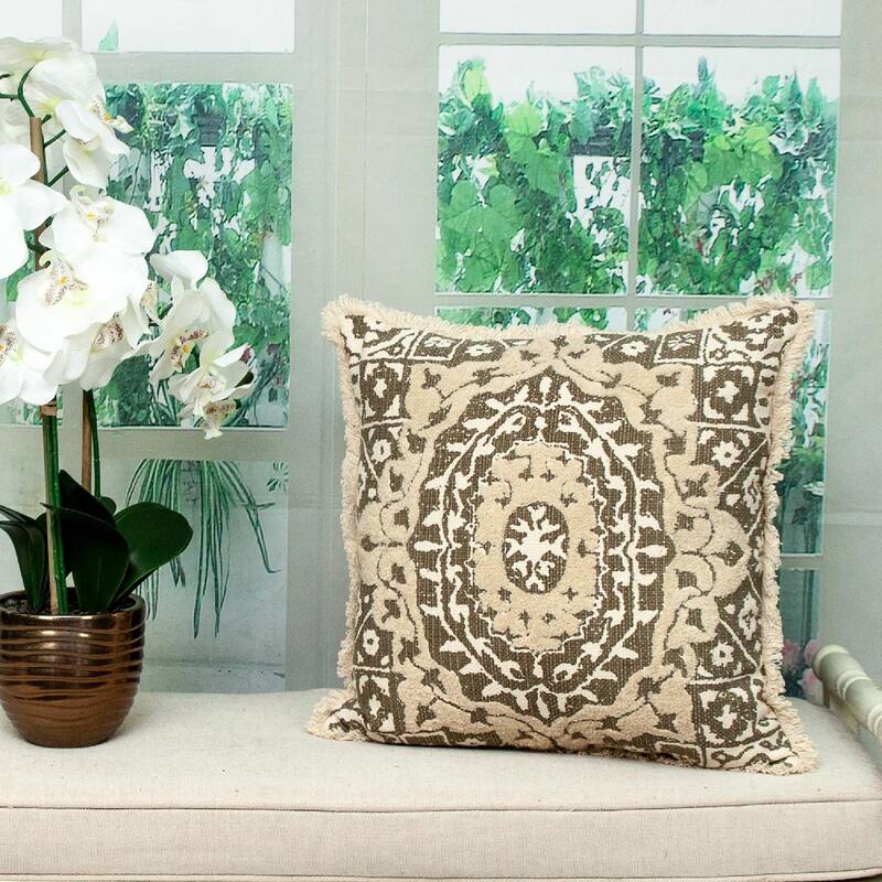18" Brown and Beige Embroidered Ethnic Design Throw Pillow