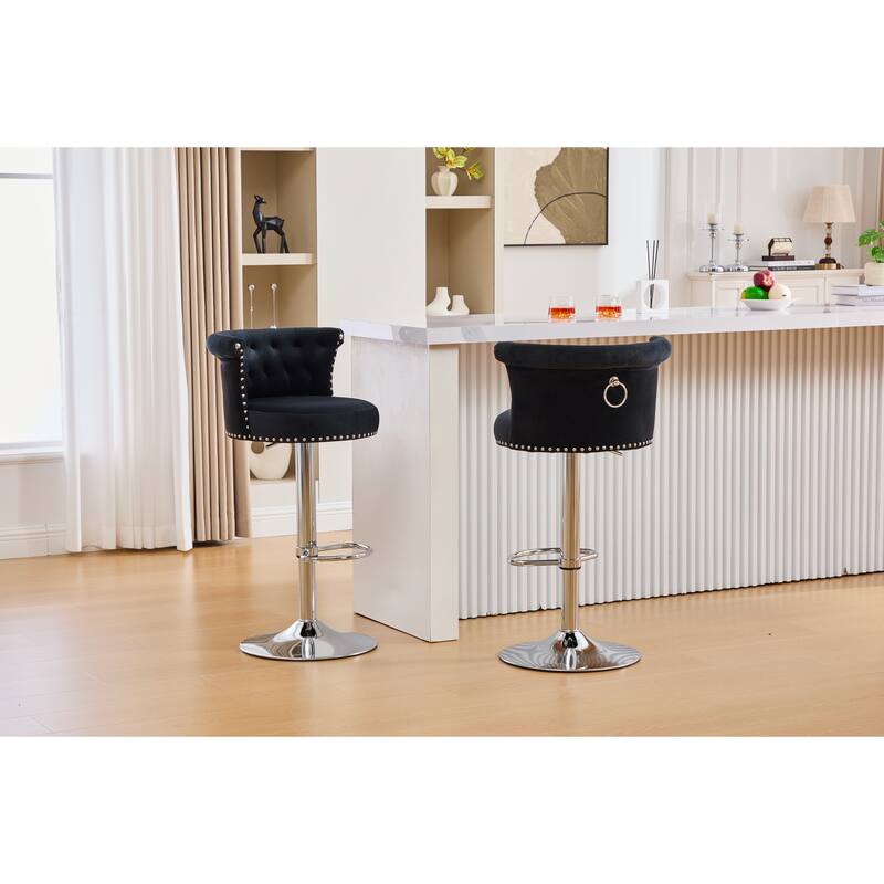 Velvet Upholstered Bar Stool Set of 2, Adjusatble Height Swivel Bar Stools, Dining Chairs with Curved Backrest & Footrest