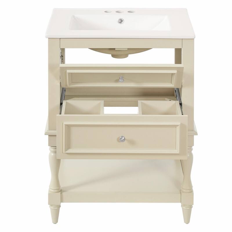 24" Bathroom Vanity with Ceramic Sink, Retro Open-Shelf Cabinet with 2 Drawers