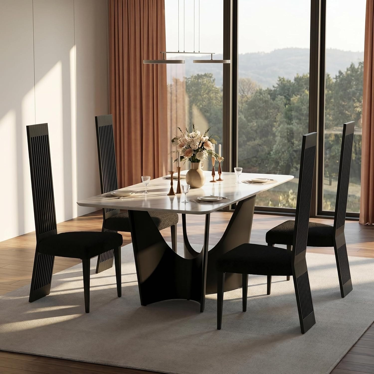 White Sintered Stone Dining Table Set with Butterfly Metal Base and Black Boucle High Back Chairs