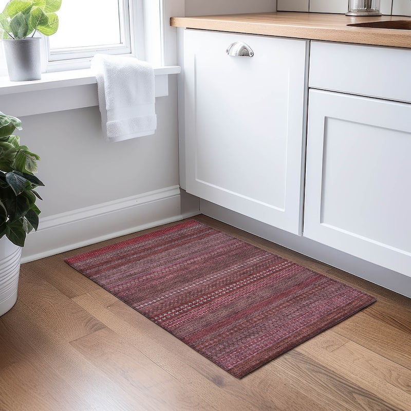 Machine Washable Indoor/ Outdoor Moroccan Stripes Chantille Rug - Merlot - 1'8" x 2'6"