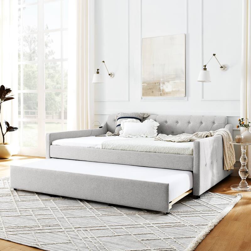 Upholstery Daybed with Erectable Trundle & USB Design