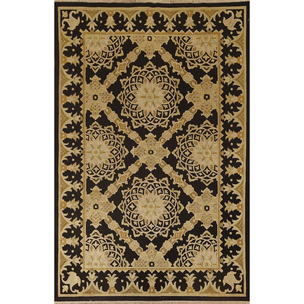 Black & Gold Agra Indian Area Rug Handmade Wool Carpet - 6'2"x 9'4"