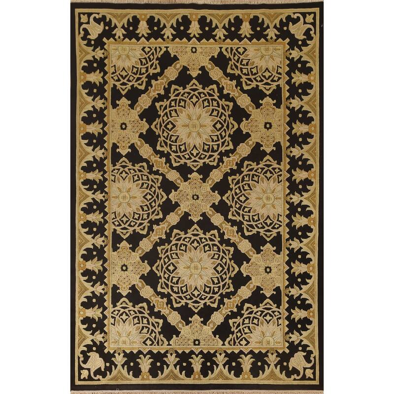 Black & Gold Agra Indian Area Rug Handmade Wool Carpet - 6'2"x 9'4"