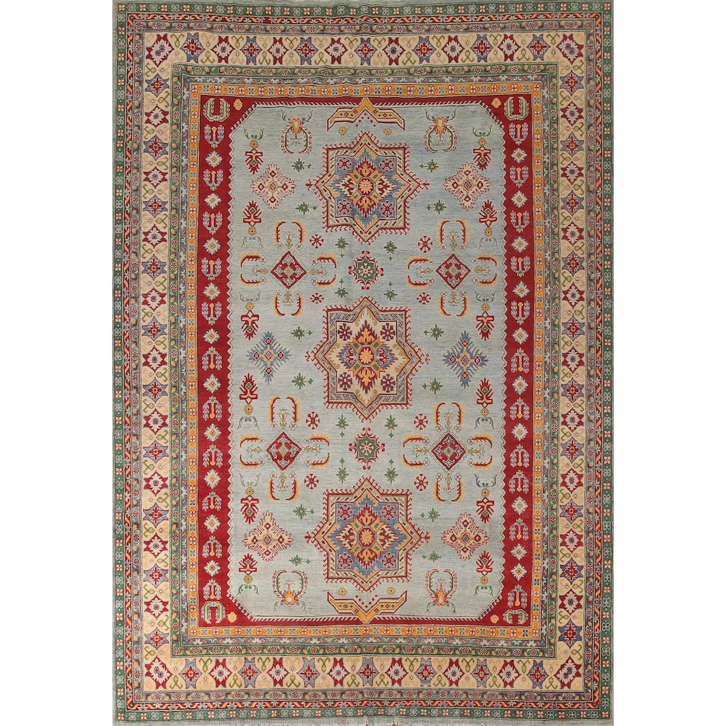 Geometric Blue Kazak Oriental Area Rug Handmade Wool Carpet - 9'11" x 12'8"