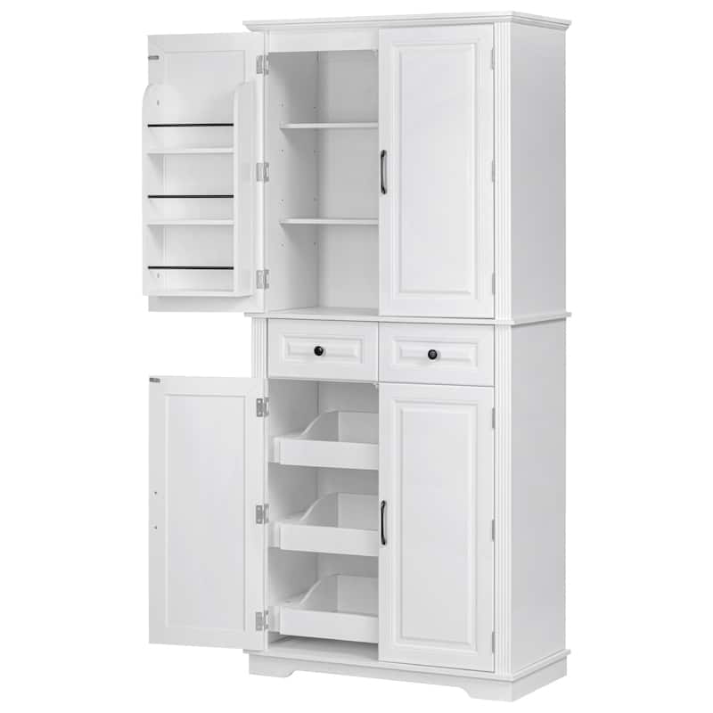 71"Tall Kitchen Pantry Cabinet with 3 Pull Out Cabinet Organizers,Embossed Texture Storage Cabinet with 6 Door Shelves,2 Drawers