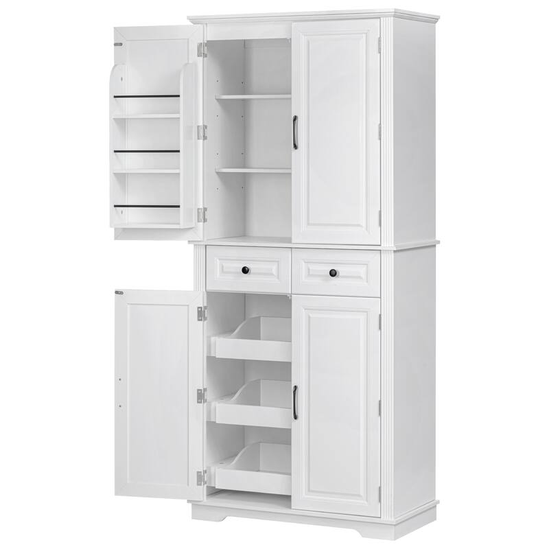 Kitchen Pantry Cabinet with 3 Pull Out Trays, Freestanding Buffet Cabinet with Adjustable Shelves, 2 Door Organizers & 2 Drawers