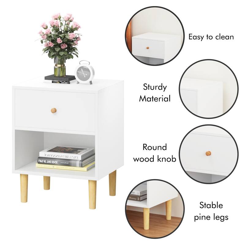 Modern Sofa Side Table Nightstand with Drawer, Bedroom Bedside Table Storage Cabinet with Open Shelf
