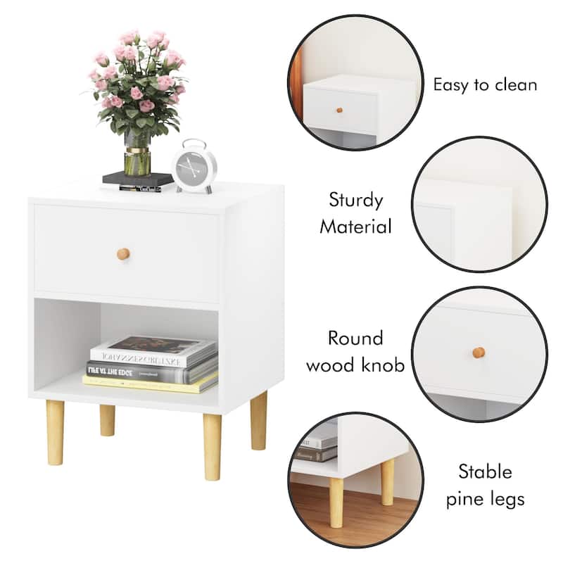 Wooden Nightstand with Drawer, Chair Side End Table with Wooden Legs, Couch Side Table with Open Storage Shelf