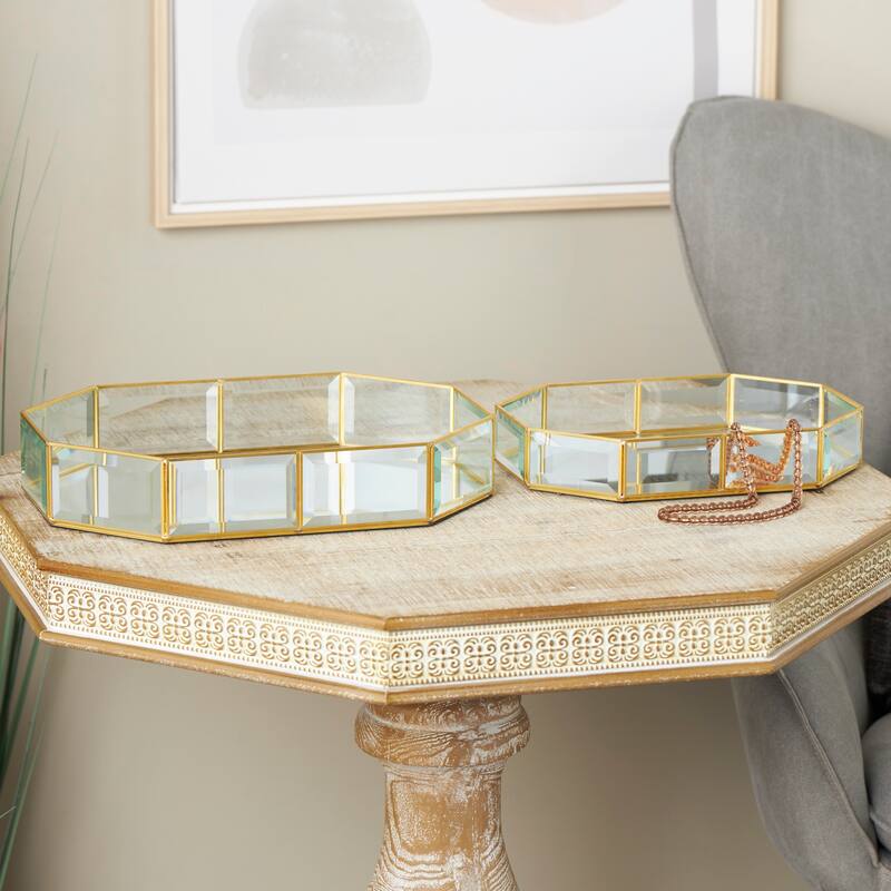 Clear Glass Beveled Wide Octagon Decorative Jewelry Box with Gold Metal Frame (Set of 2) - Clear