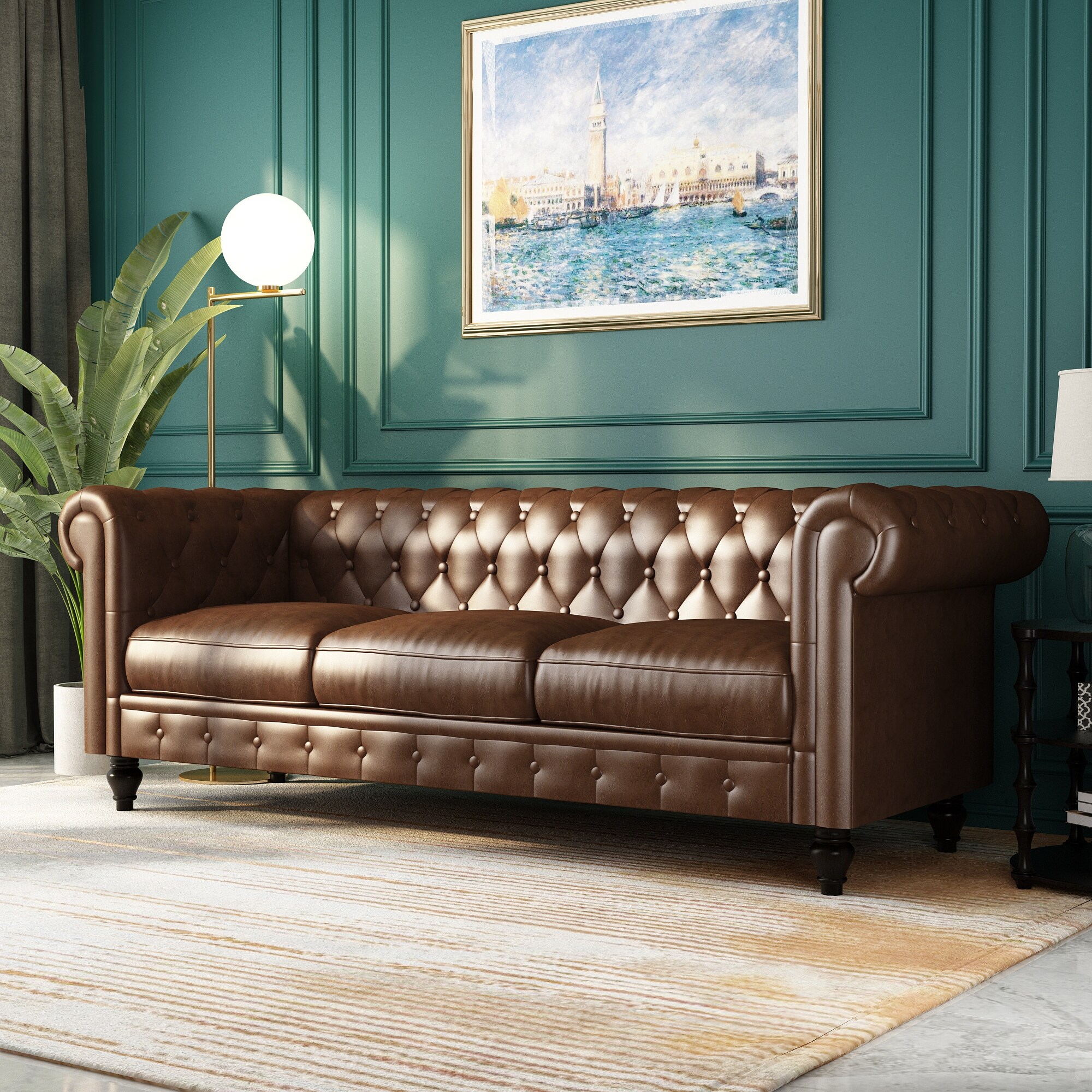 3-seat PU Rolled Arm Chesterfield Sofa - Overstock - 35511942