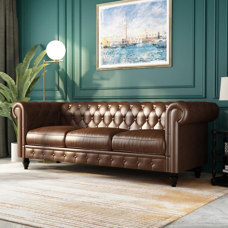 Sofa Faux Leather Chesterfield with Stately Wood Legs and Classic ...