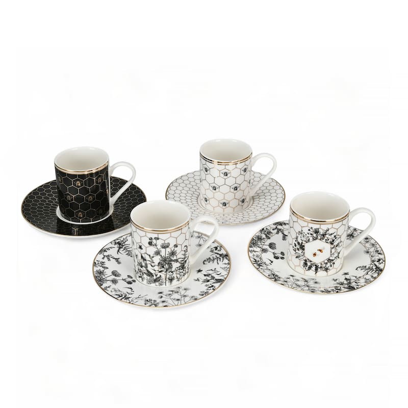STP Goods Honeycomb Porcelain Turkish Coffee Espresso Cup & Saucer Set for 4