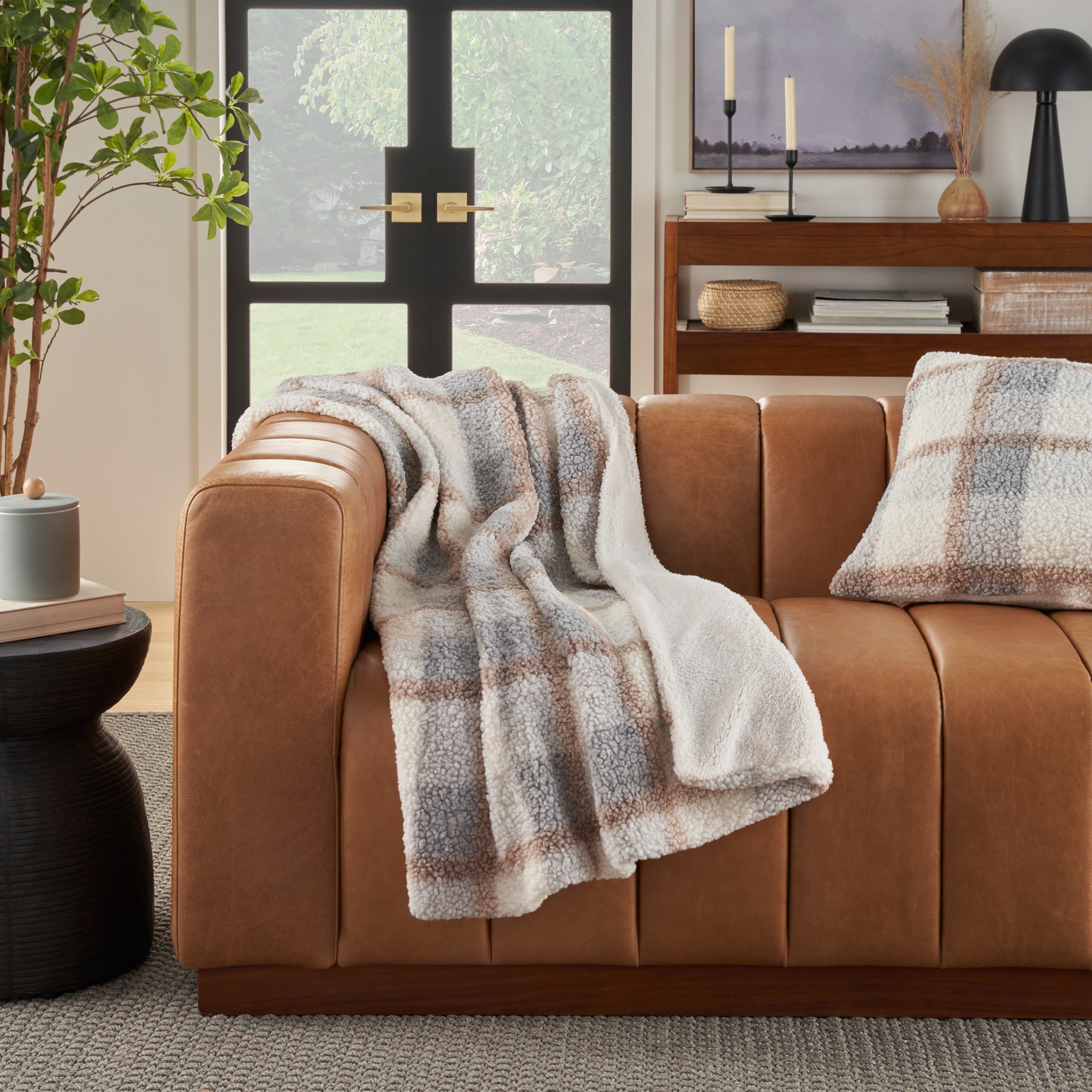 Mina Victory Faux Fur Plaid Throw Pillow