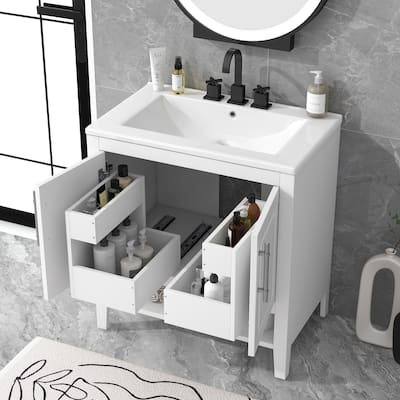 White 30" Solid Wood Bathroom Vanity Cabinet with Sink,Drawer