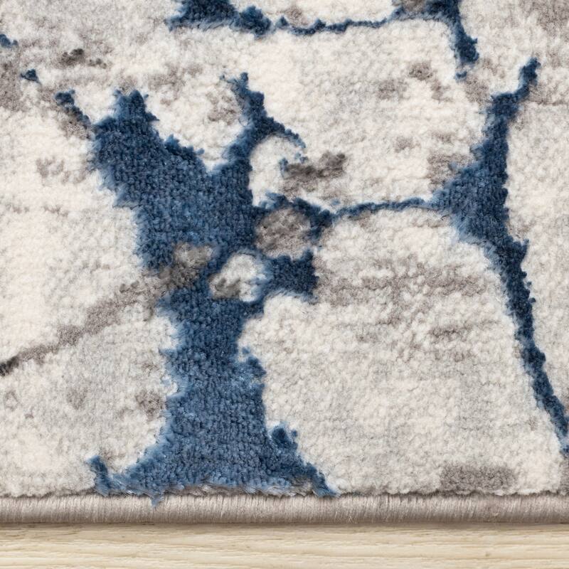 Blue Grey White Cracked Design Soft Polyester Rug