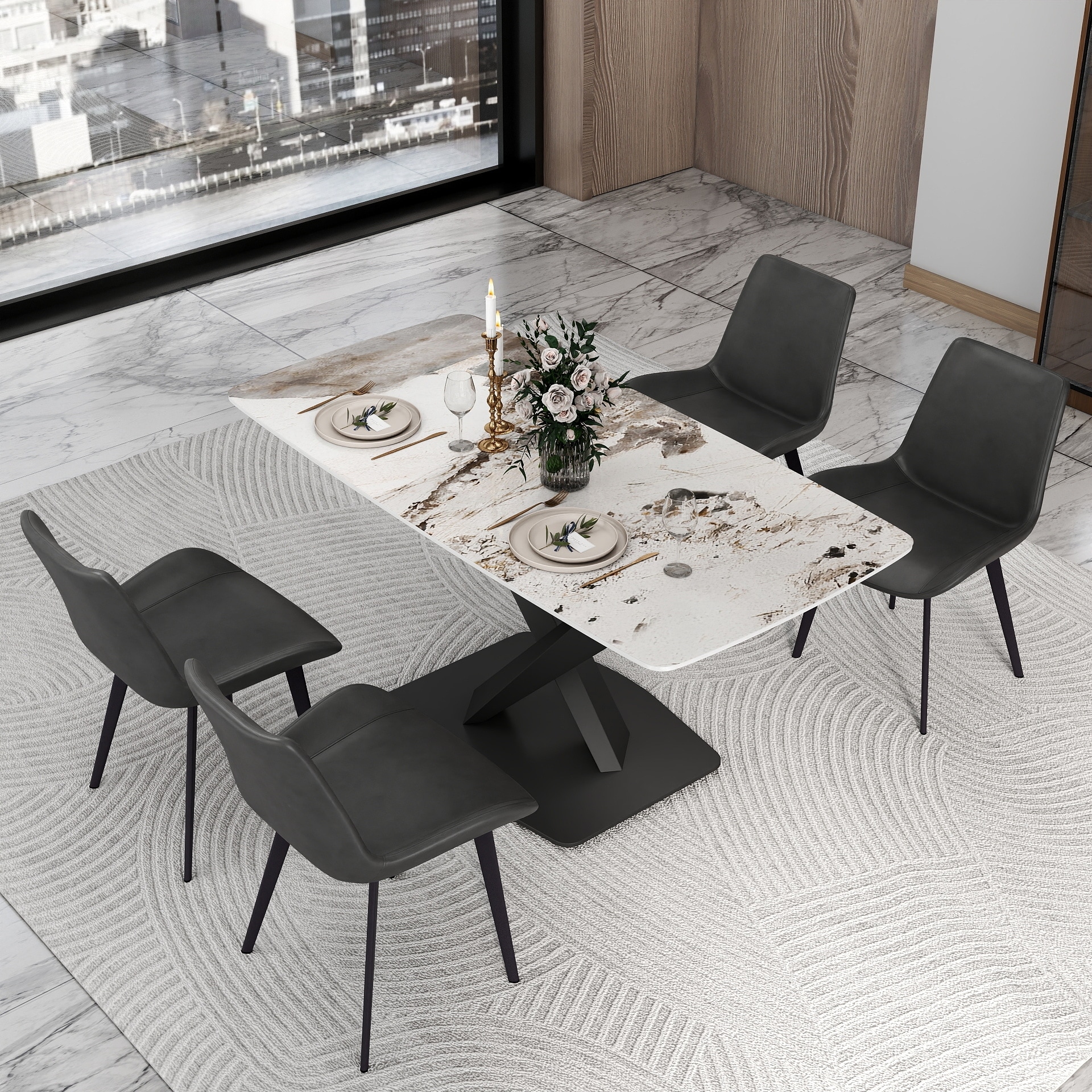 63" Dining Table Set for 6, Sintered Stone Dining Table with X-Shape Carbon Steel Pedestal for Kitchen Living Room