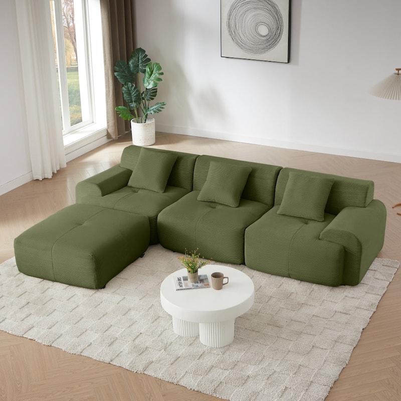 113" Modern L-Shaped Corduroy Upholstery Modular Sectional Sofa with Deep Seat and Movable Ottoman - Green