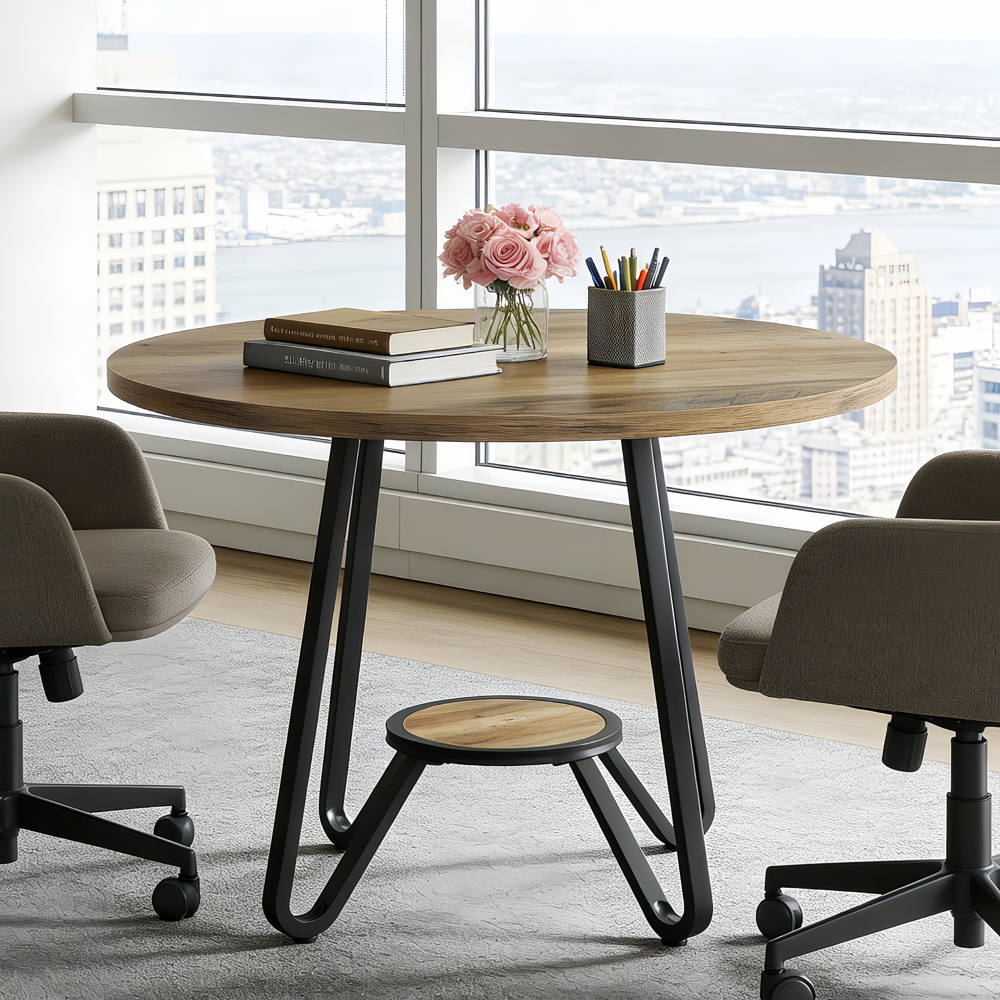 31.5" Round Wooden Conference Table, Small Meeting Table for 4 People with Storage Shelf