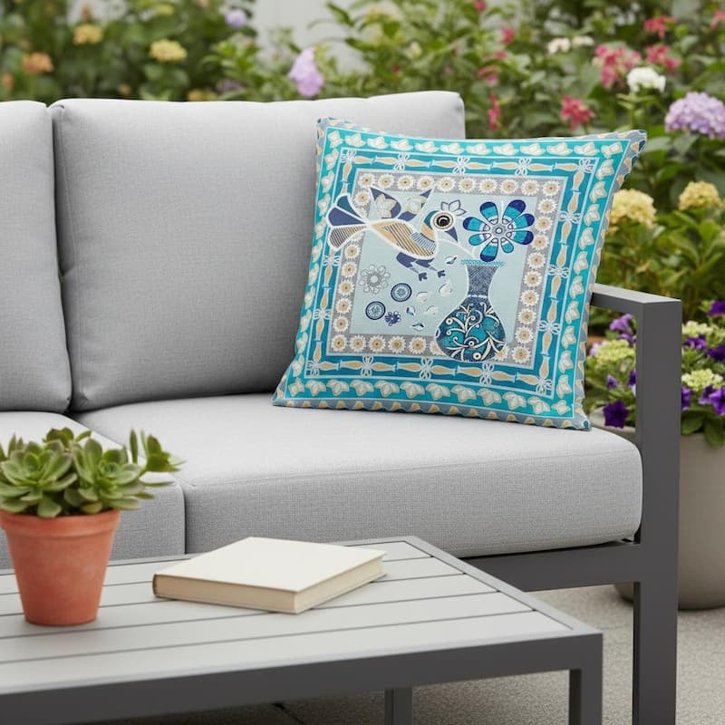HomeRoots Set of Two 16" X 16" Blue and Gold Peacock Blown Seam Floral Indoor Outdoor Throw Pillow - 16.00' X '16.00' X '5.00 - Blue/Gold - 16.00' X '16.00' X '5.00