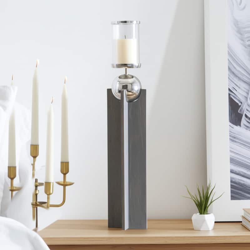 Candle Holder - Gray Wood Pillar with Metal Sphere