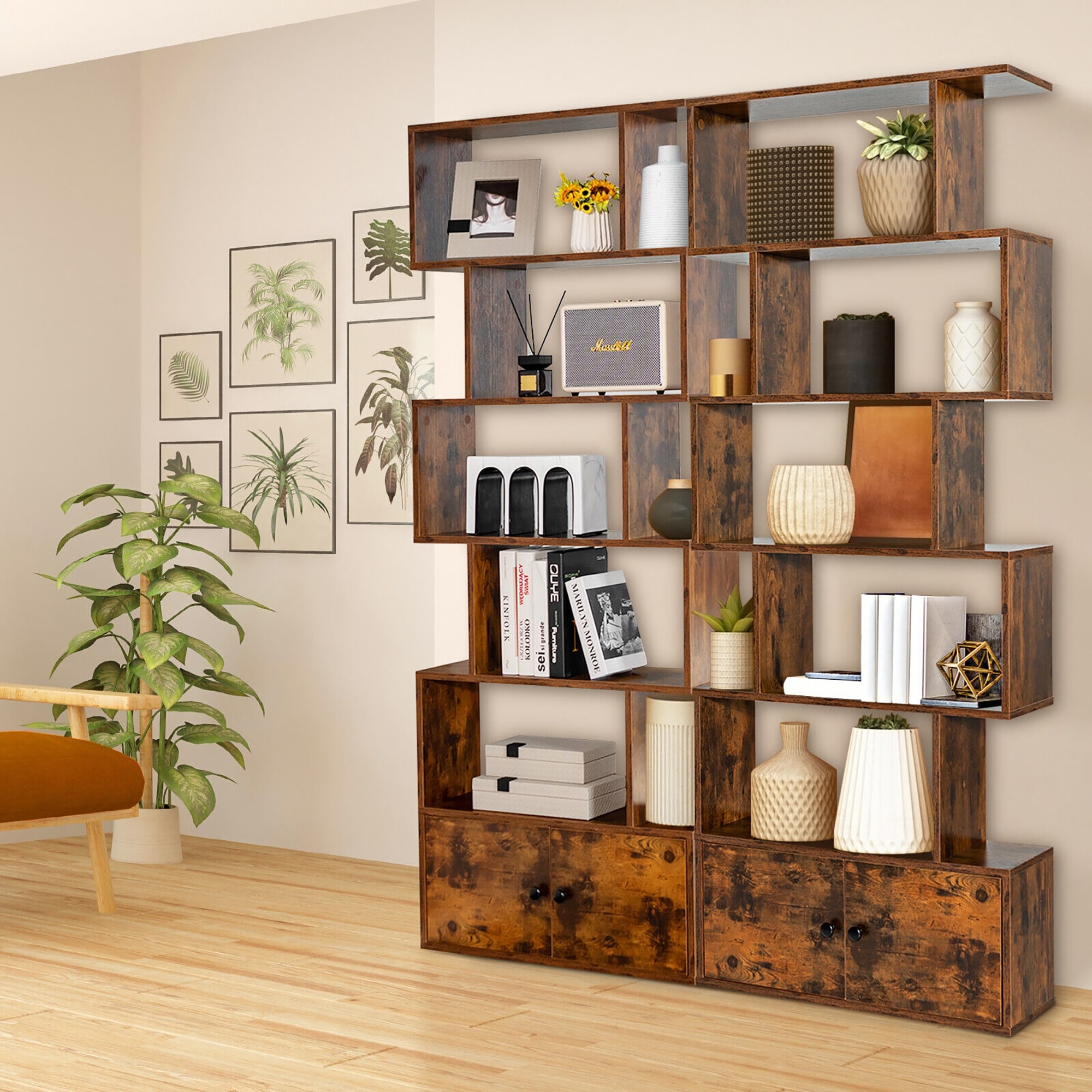 Gymax 2 PCS Bookshelf w/ Cabinet 6-Tier S-Shaped Bookcase Storage Rack