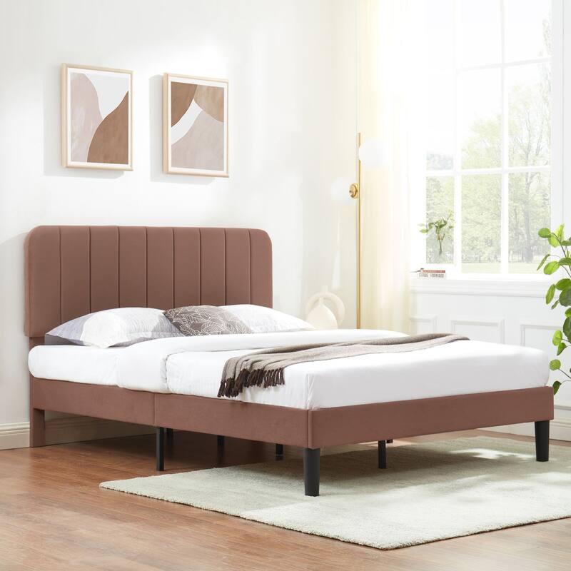 VECELO Velvet Upholstered Bed Frame with Vertical Channel Tufted Headboard, Adjustable Headboard, Wooden Slats Support