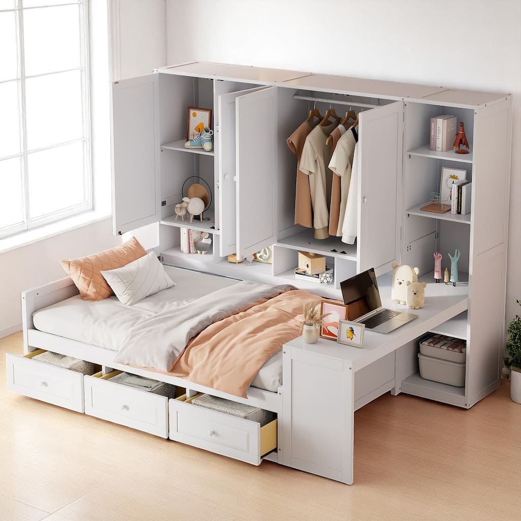 Multi-Functional Wooden Daybed with Storage, Desk, and Shelving for Twin/Full Size
